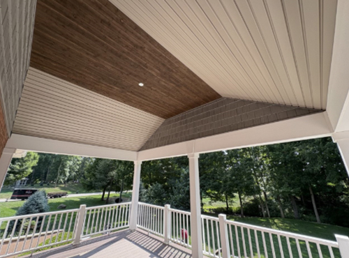 ceiling of covered deck covered in wood